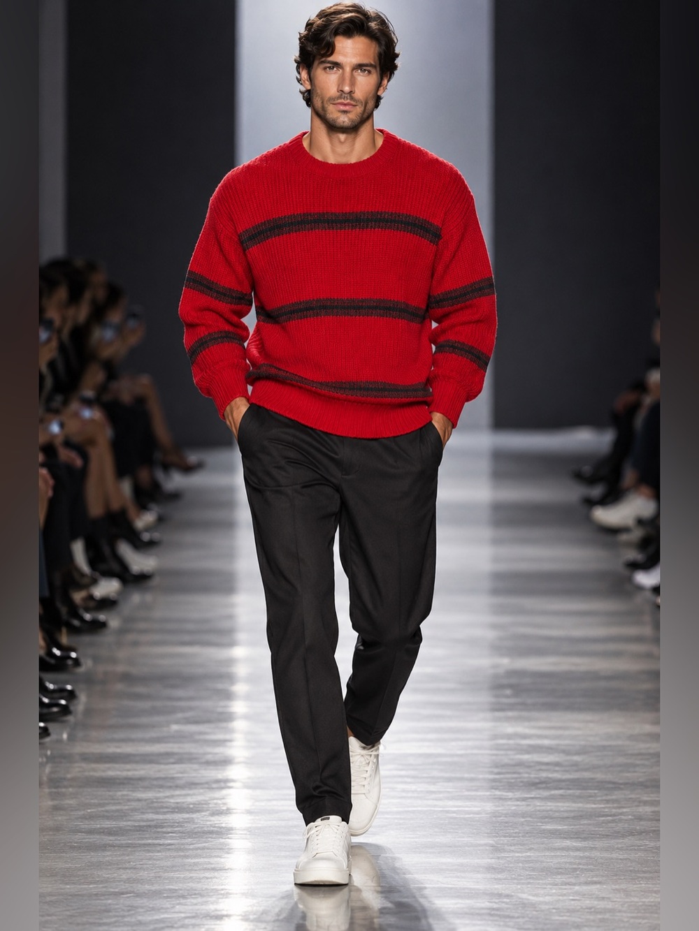 Newcastle Knits Men’s XL Vintage Red Black Striped Chunky Knit Sweater Pullover